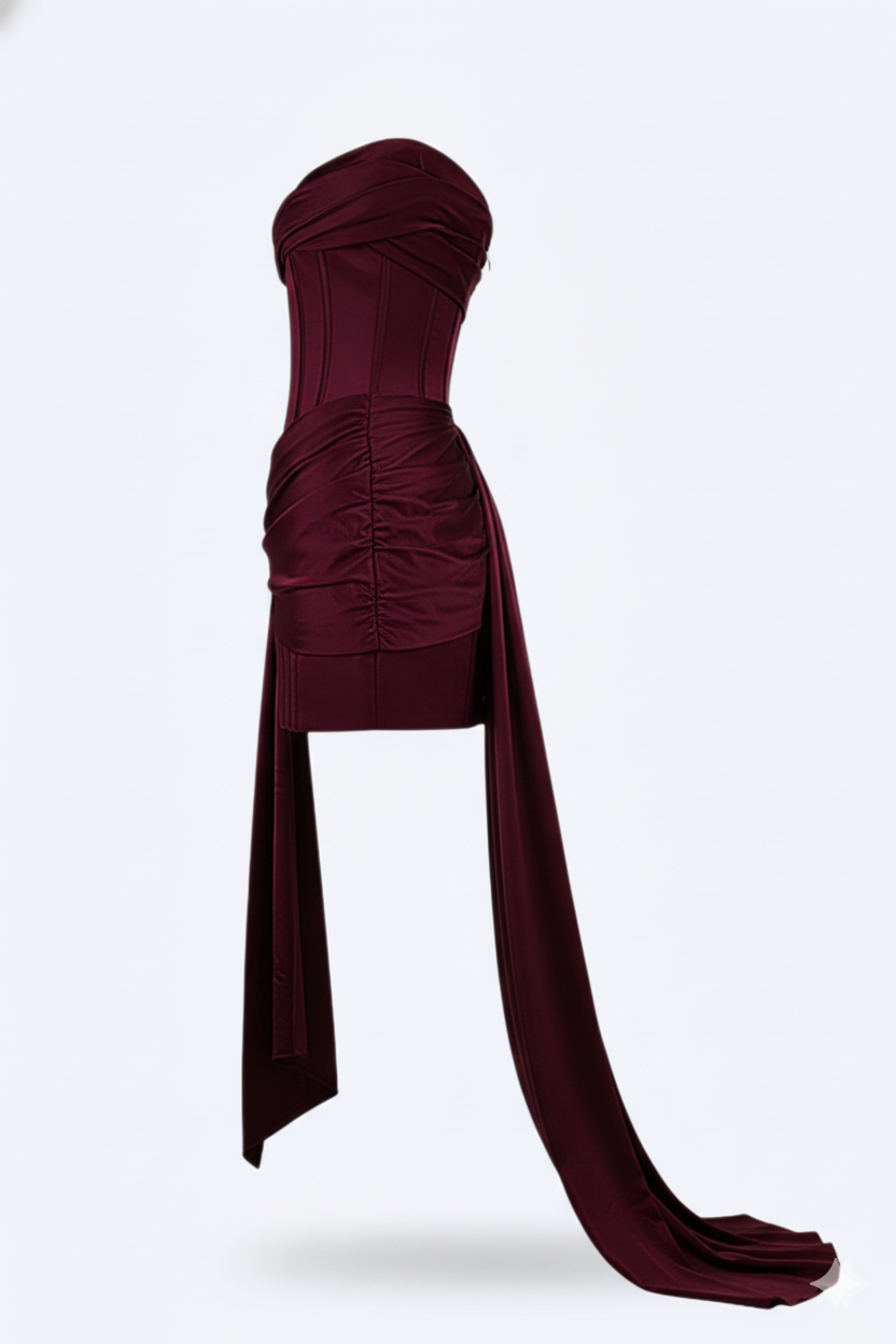 Side view of the strapless corset dress showing the ruched hip, boned bodice and a long train of fabric trailing behind. 2