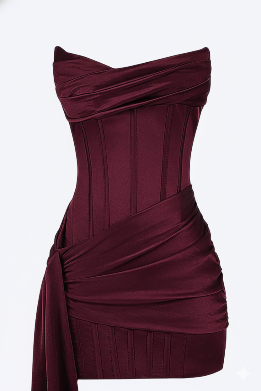 Close-up of the boned corset bodice, twisted neckline and ruched hip wrap, showing the glossy satin finish. 4