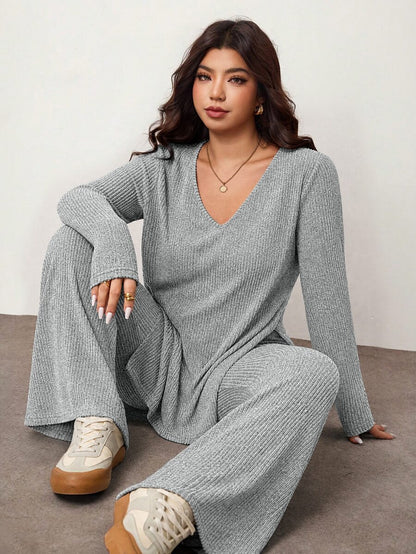 Enliva Plus Size Casual Home Wear 2 Pieces Set: Minimalist Off-Shoulder Ribbed Design, Suitable For Autumn/Winter, Flattering For Curvy Figures Fall