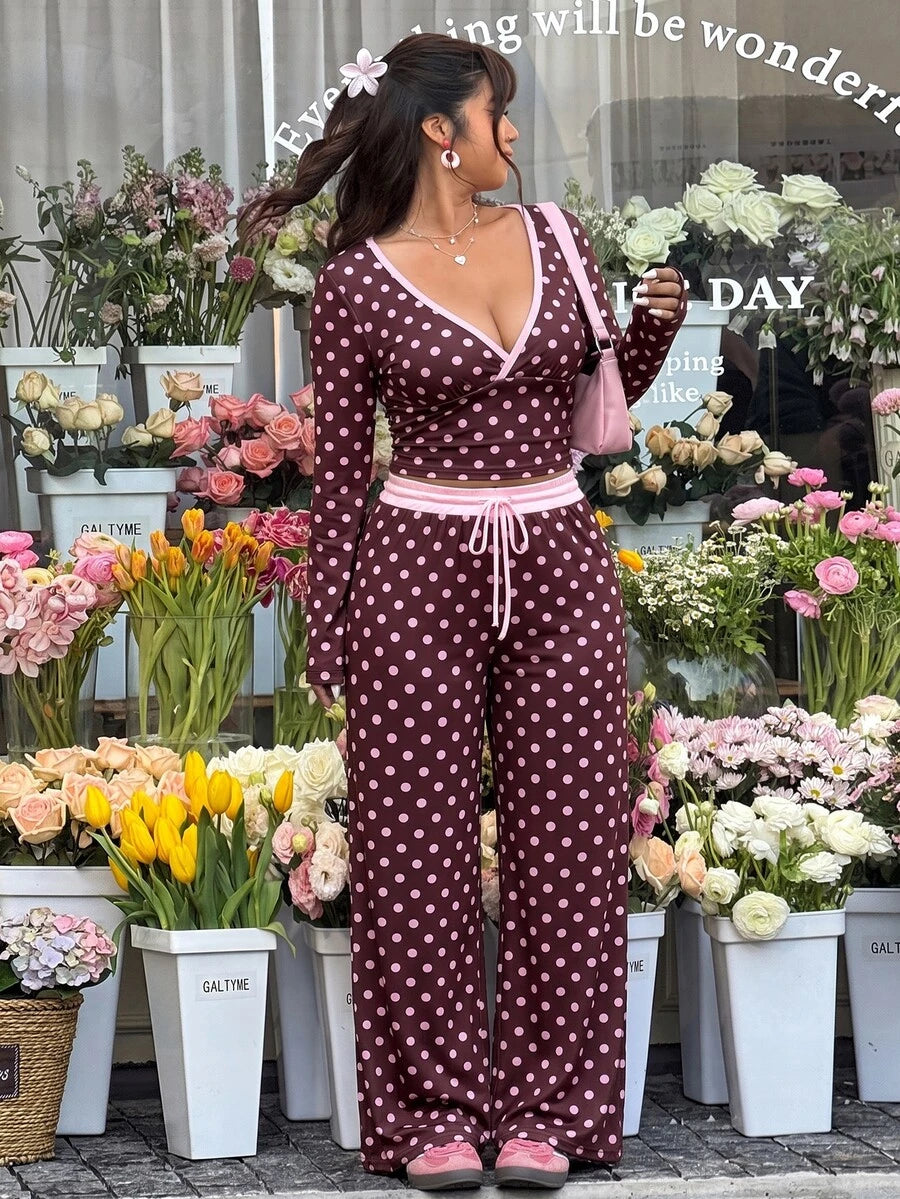 GalTyme Plus Size Contrast Color Long Sleeve Top & Pants 2 Pieces Set,Cerise Pink,Autumn,Smart Casual,Everyday,Chic Elegant Y2k Party Christmas Vacation Fall