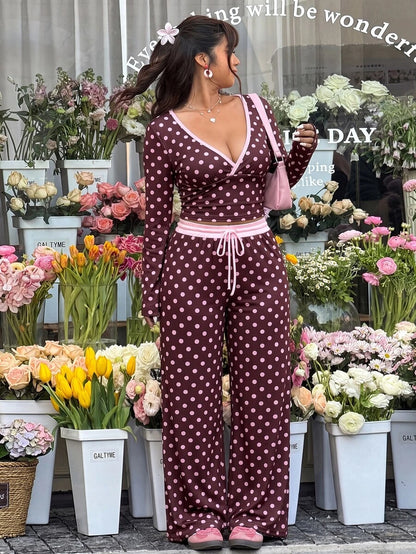 GalTyme Plus Size Contrast Color Long Sleeve Top & Pants 2 Pieces Set,Cerise Pink,Autumn,Smart Casual,Everyday,Chic Elegant Y2k Party Christmas Vacation Fall
