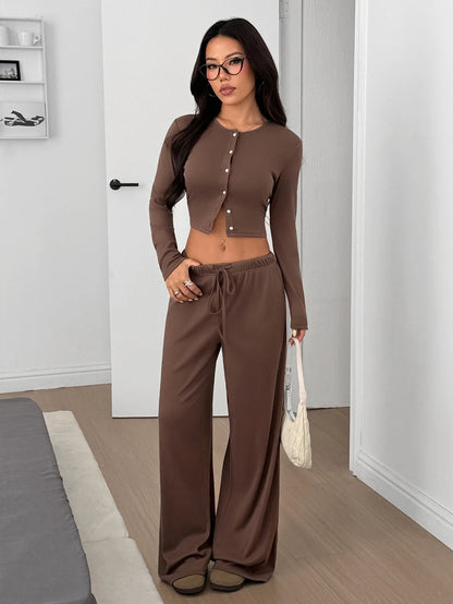 SHEIN EZwear Women's Solid Black Knit Casual Long Sleeve Top And Pants Homewear Set Woman 2 Pieces Outfits 2 Pieces Casual Sets Woman