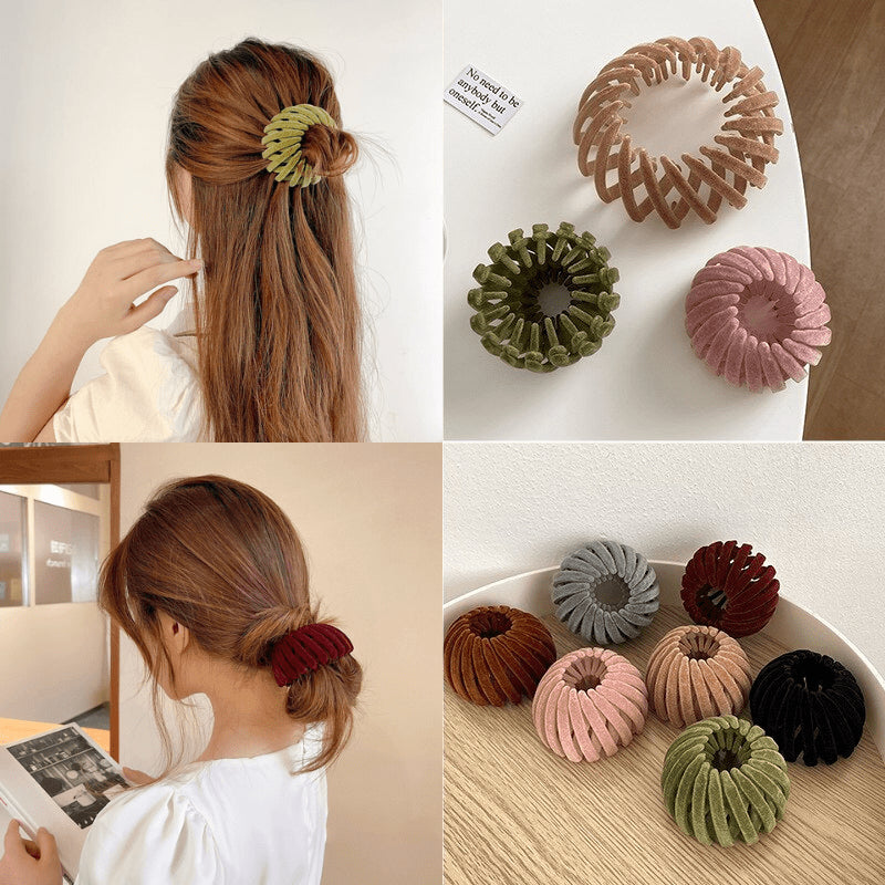 Four-panel collage of flocked spiral clips: worn in half-up and low buns, plus clips in several colours on a table and in a bowl. 1