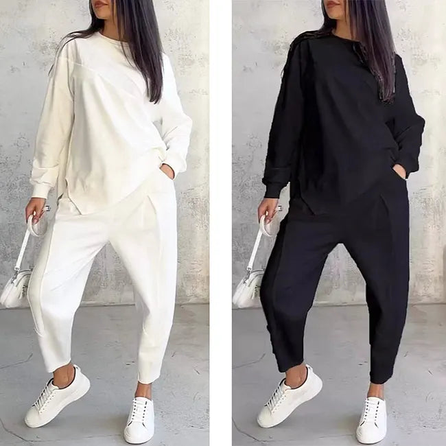 Side-by-side comparison of the set in white and black, both worn by the same model with hands in pockets. 10
