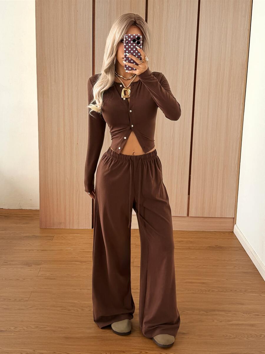 SHEIN EZwear Women's Solid Black Knit Casual Long Sleeve Top And Pants Homewear Set Woman 2 Pieces Outfits 2 Pieces Casual Sets Woman