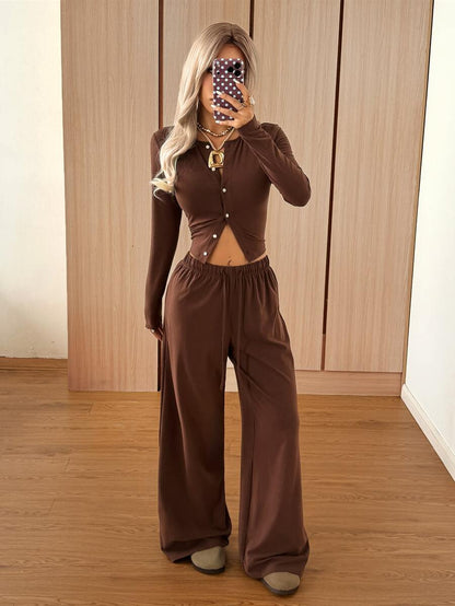 SHEIN EZwear Women's Solid Black Knit Casual Long Sleeve Top And Pants Homewear Set Woman 2 Pieces Outfits 2 Pieces Casual Sets Woman