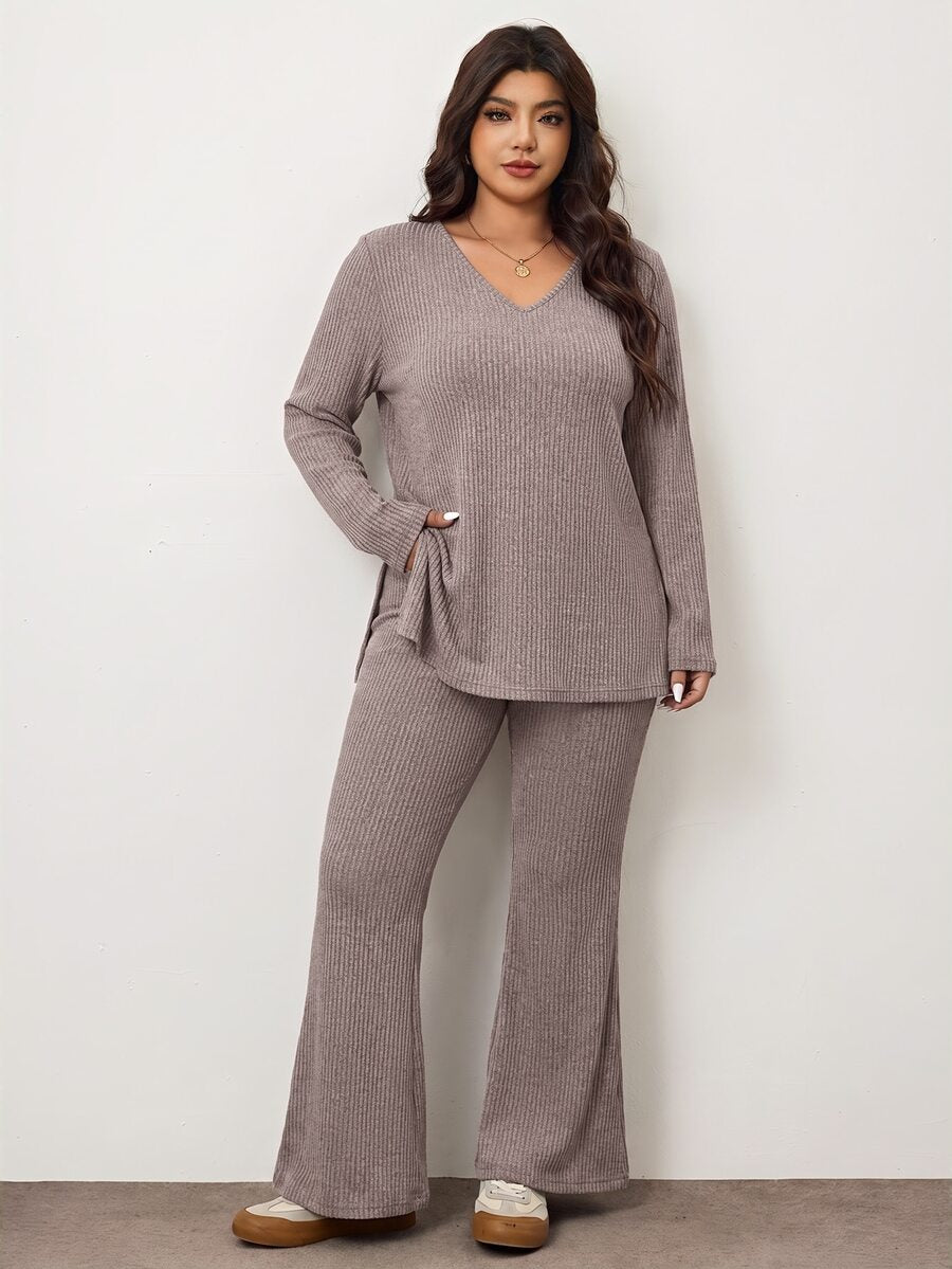 Enliva Plus Size Casual Home Wear 2 Pieces Set: Minimalist Off-Shoulder Ribbed Design, Suitable For Autumn/Winter, Flattering For Curvy Figures Fall