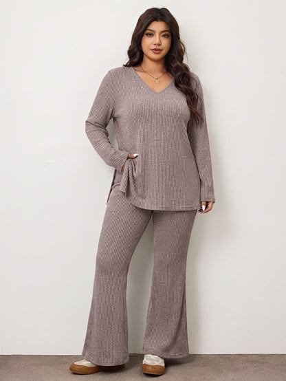 Enliva Plus Size Casual Home Wear 2 Pieces Set: Minimalist Off-Shoulder Ribbed Design, Suitable For Autumn/Winter, Flattering For Curvy Figures Fall