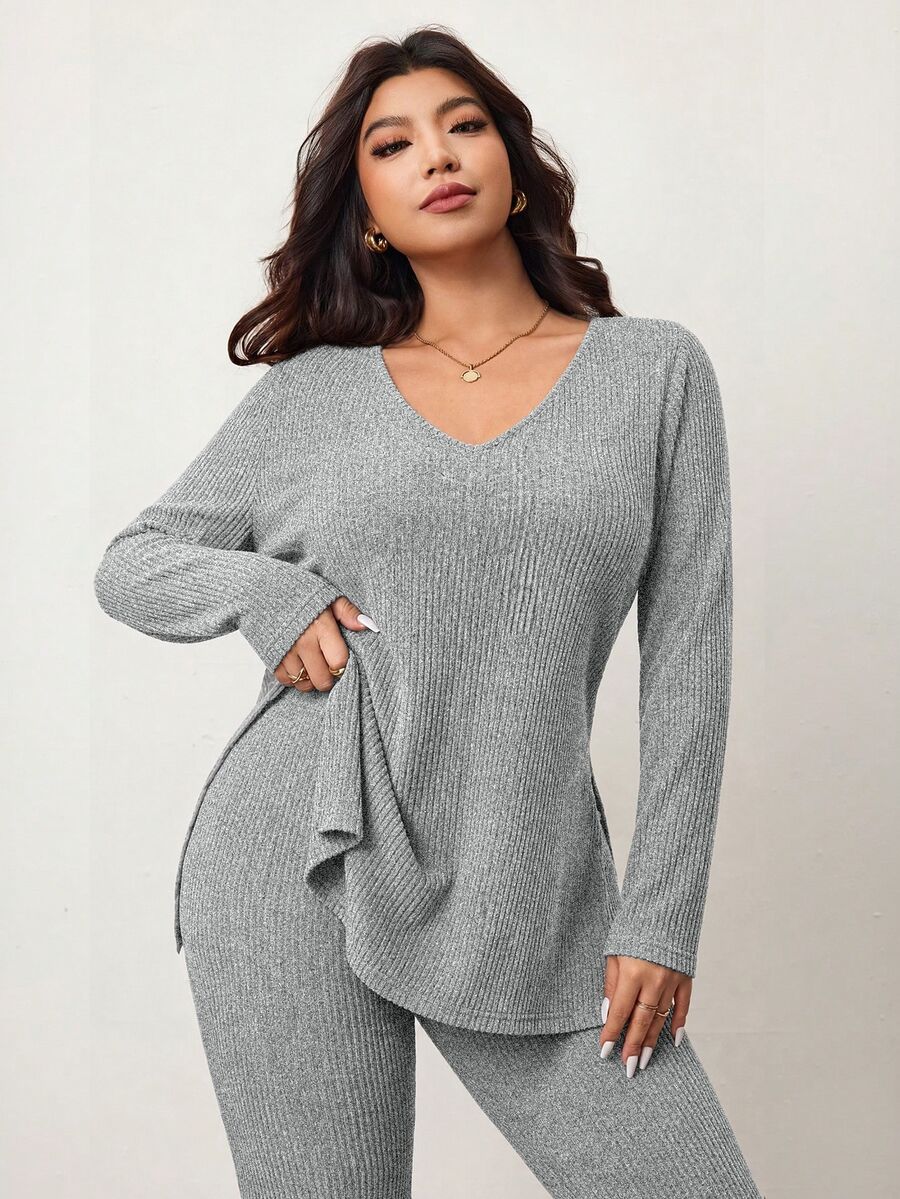 Enliva Plus Size Casual Home Wear 2 Pieces Set: Minimalist Off-Shoulder Ribbed Design, Suitable For Autumn/Winter, Flattering For Curvy Figures Fall