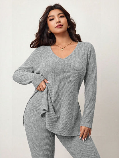 Enliva Plus Size Casual Home Wear 2 Pieces Set: Minimalist Off-Shoulder Ribbed Design, Suitable For Autumn/Winter, Flattering For Curvy Figures Fall