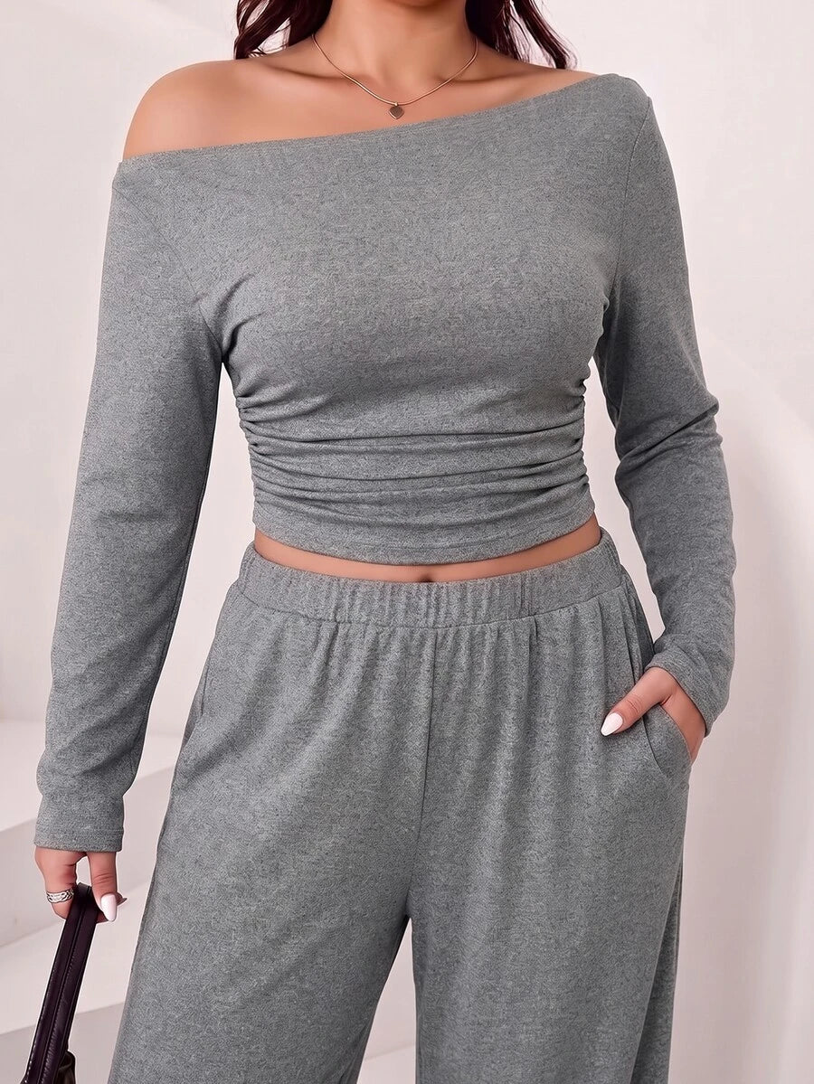 Solflare Plus Size Textured Long Sleeve Top And Loose Pants With Pockets 2 Pieces Set Fall