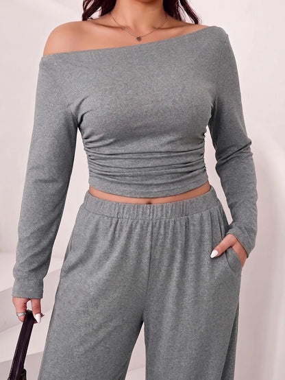 Solflare Plus Size Textured Long Sleeve Top And Loose Pants With Pockets 2 Pieces Set Fall