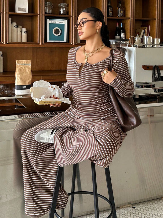 Muchica Plus Size Women's Brown Long Sleeve Button Half-Placket T-Shirt And Pants Casual Baggy 2 Pieces Set Autumn Brunch Formal Morning