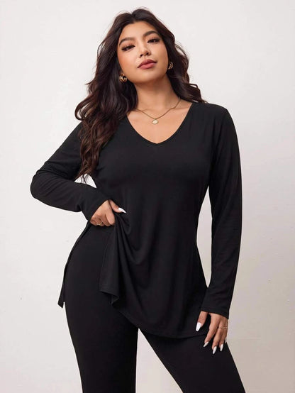 Enliva Plus Size Casual Home Wear 2 Pieces Set: Minimalist Off-Shoulder Ribbed Design, Suitable For Autumn/Winter, Flattering For Curvy Figures Fall