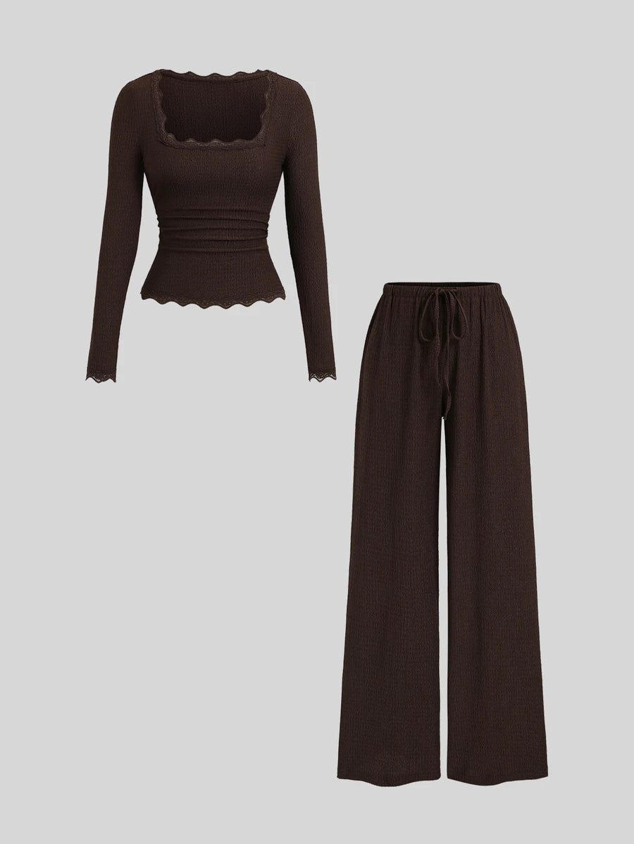 Sweetra Women's Autumn New Brown 2‑Piece Set, Lace‑Trim Slim‑Fit Long‑Sleeve Top & Elastic‑Waist Casual Pants For Vacation Sports & Back‑To‑School Wear