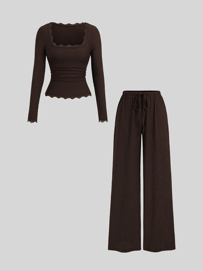 Sweetra Women's Autumn New Brown 2‑Piece Set, Lace‑Trim Slim‑Fit Long‑Sleeve Top & Elastic‑Waist Casual Pants For Vacation Sports & Back‑To‑School Wear