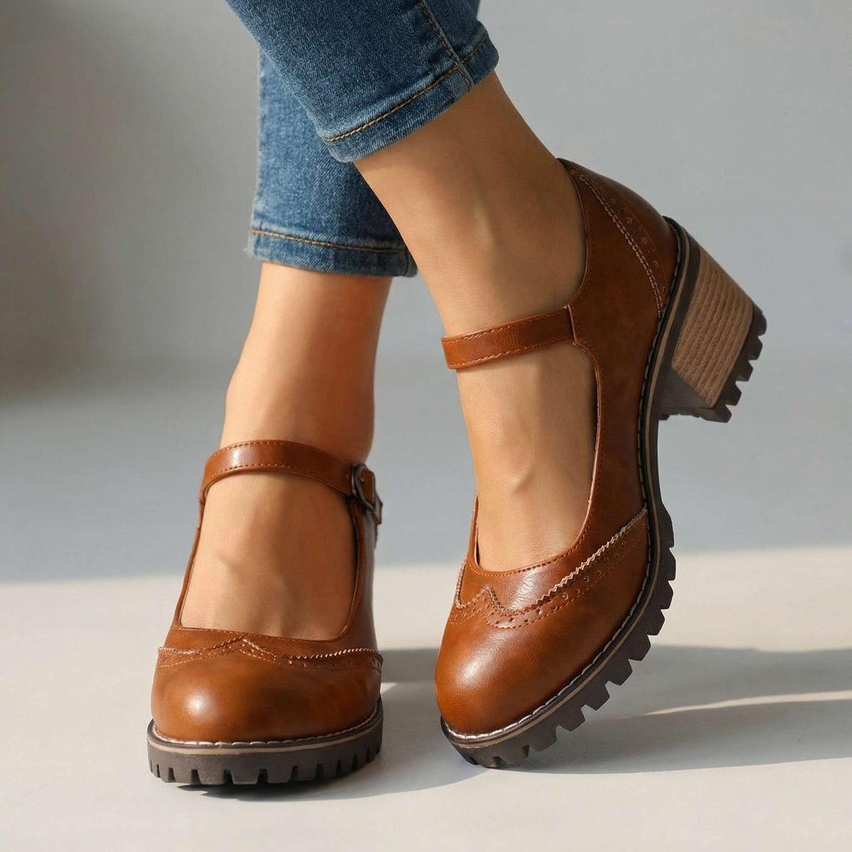 Tan-brown version with perforated wingtip toe and ankle strap, worn by a model in cropped jeans against a pale studio background. 2