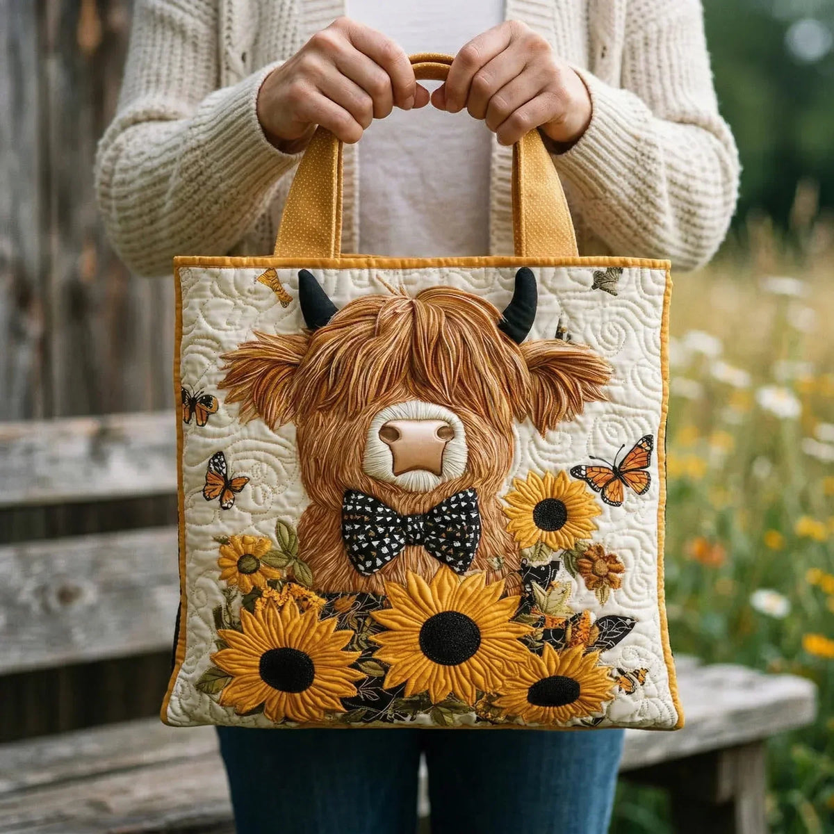 Person in a cream knit cardigan holding the tote up by its mustard handles, showing the cow and sunflower design. 2