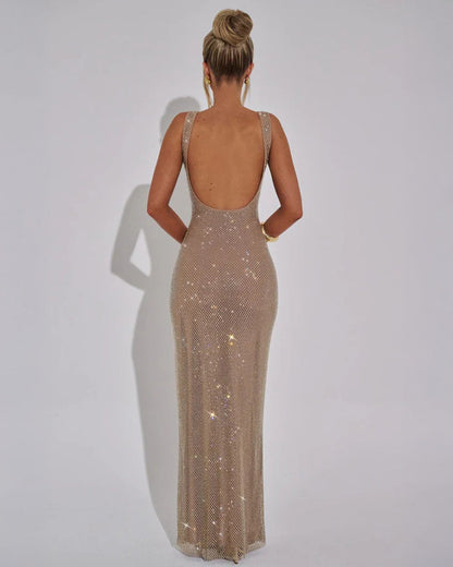 Back view of the gold-beige sparkling mesh dress on a model, showing the deep open back and floor-skimming length. 4