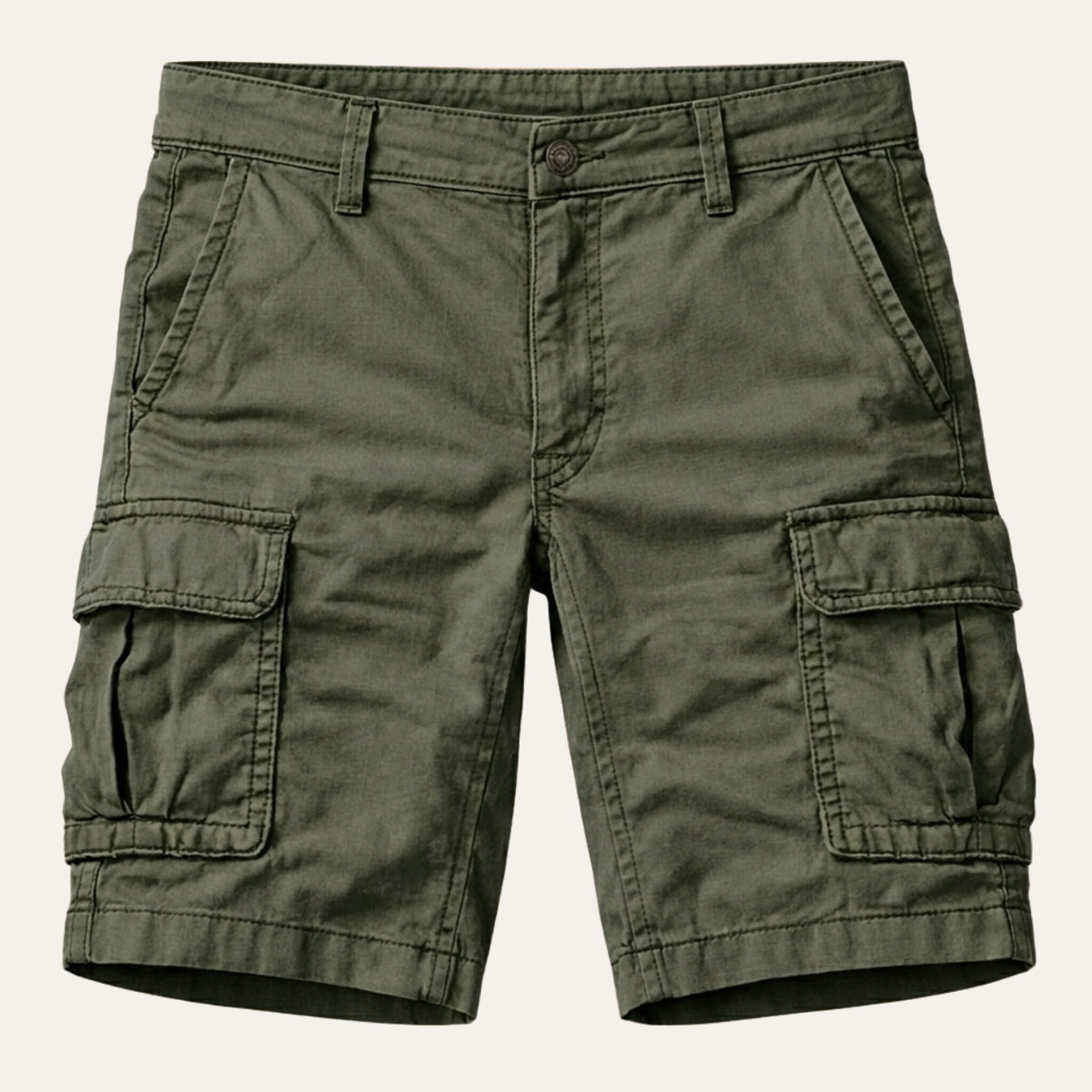 Olive green version laid flat from the front, with button fastening, belt loops and large flap cargo pockets on each leg. 2