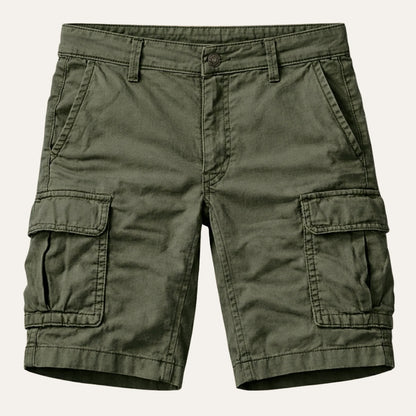 Olive green version laid flat from the front, with button fastening, belt loops and large flap cargo pockets on each leg. 2
