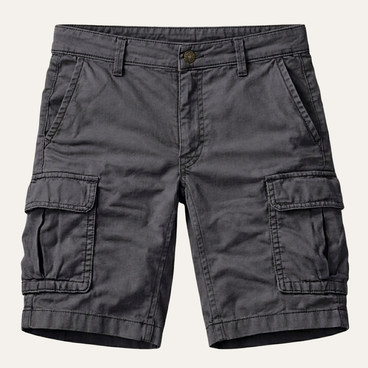 Dark grey version laid flat from the front, showing the button waistband, slanted front pockets and two flap cargo pockets. 3