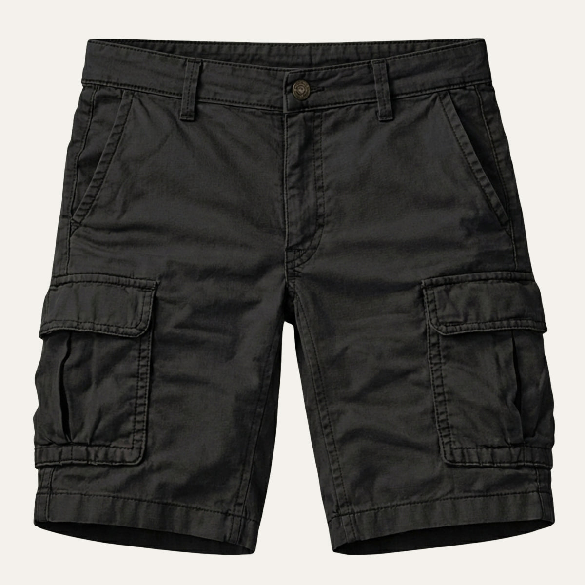 Black version laid flat from the front, with button waistband, belt loops and a large flap cargo pocket on each thigh. 4