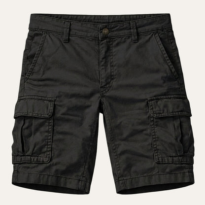 Black version laid flat from the front, with button waistband, belt loops and a large flap cargo pocket on each thigh. 4