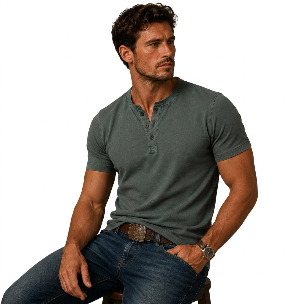Seated man wearing the grey-green top with blue jeans, a brown belt and a leather-strap watch 5