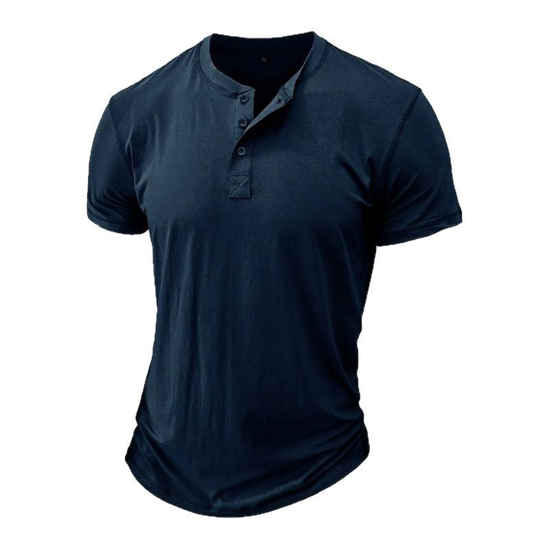 Navy short-sleeve top with a three-button placket and round collar, shown flat on a plain white background 1