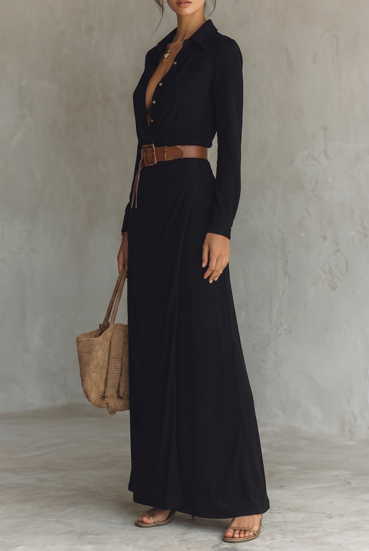 Black version worn by a model with a straw tote, side view showing the deep neckline, brown belt and draped skirt. 13