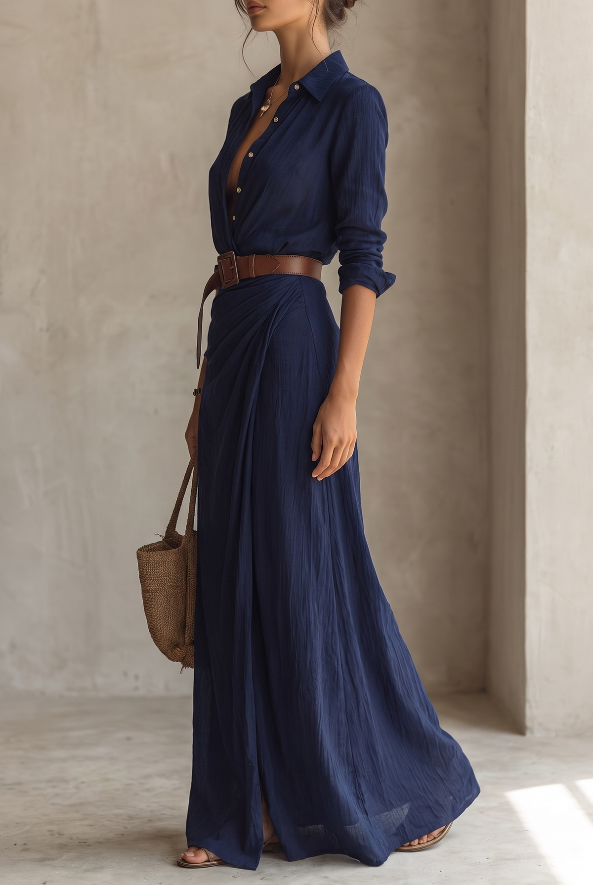 Navy blue version worn by a model carrying a woven straw tote, side view with belt, rolled sleeves and flowing skirt. 5