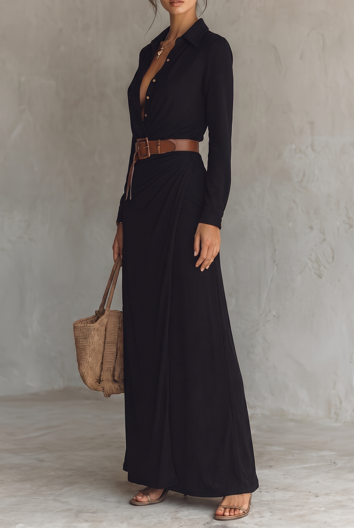 Alternate angle of the black maxi dress, full length, with pendant necklace, brown belt, woven tote and heeled sandals. 14