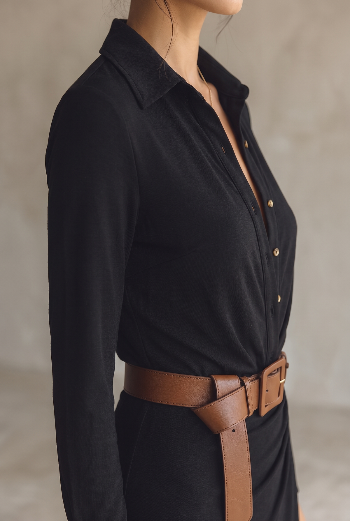 Side close-up of the black dress's collar, gold buttons and wide brown leather belt with overlapping strap and square buckle. 16