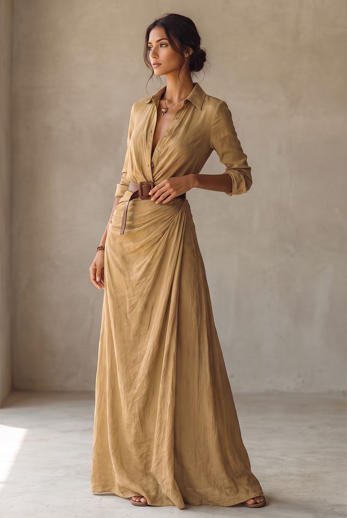Second full-length front view of the camel maxi dress, model glancing to the side, with the draped skirt and brown buckled belt. 2