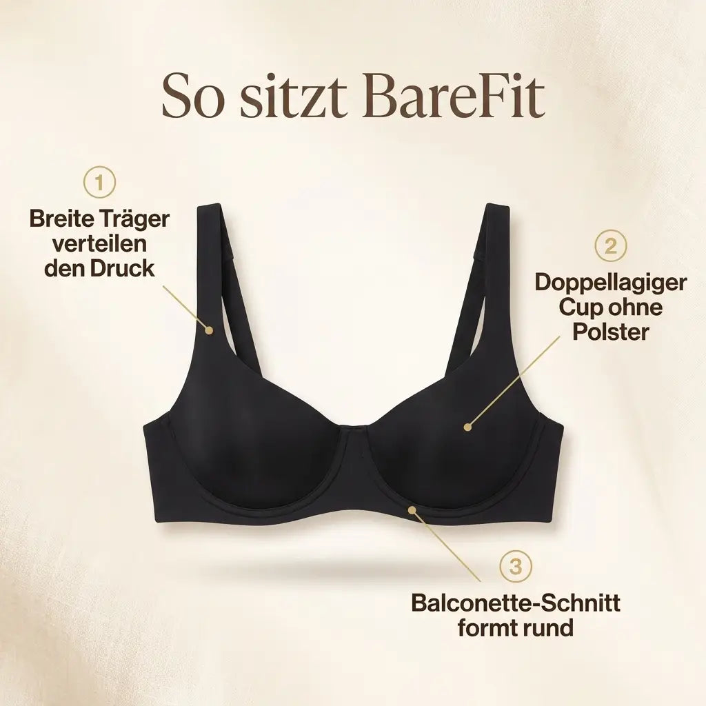 Black balconette bra laid flat with numbered callouts pointing to the wide straps, the double-layer cup and the balconette cut. 7