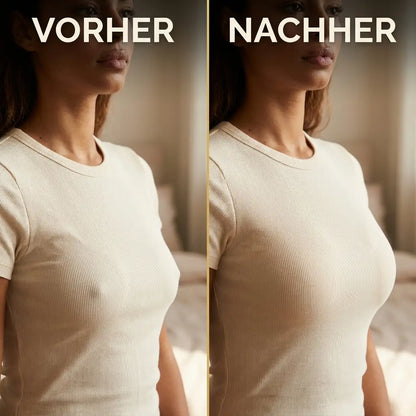Side-by-side comparison of a woman in a fitted cream ribbed t-shirt, showing a smoother, rounder bust shape on the right. 3