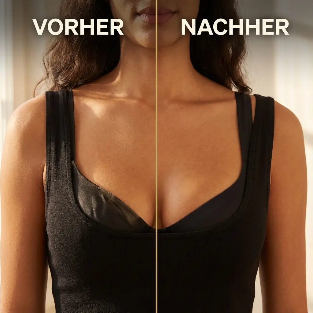 Split before-and-after view of a woman in a black top, showing a flatter neckline on the left and a fuller, lifted shape on the right. 6