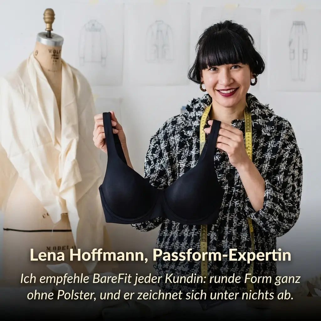 Smiling woman in a tweed jacket holding up a black balconette bra in a design studio, with a fitting expert's quote below. 5