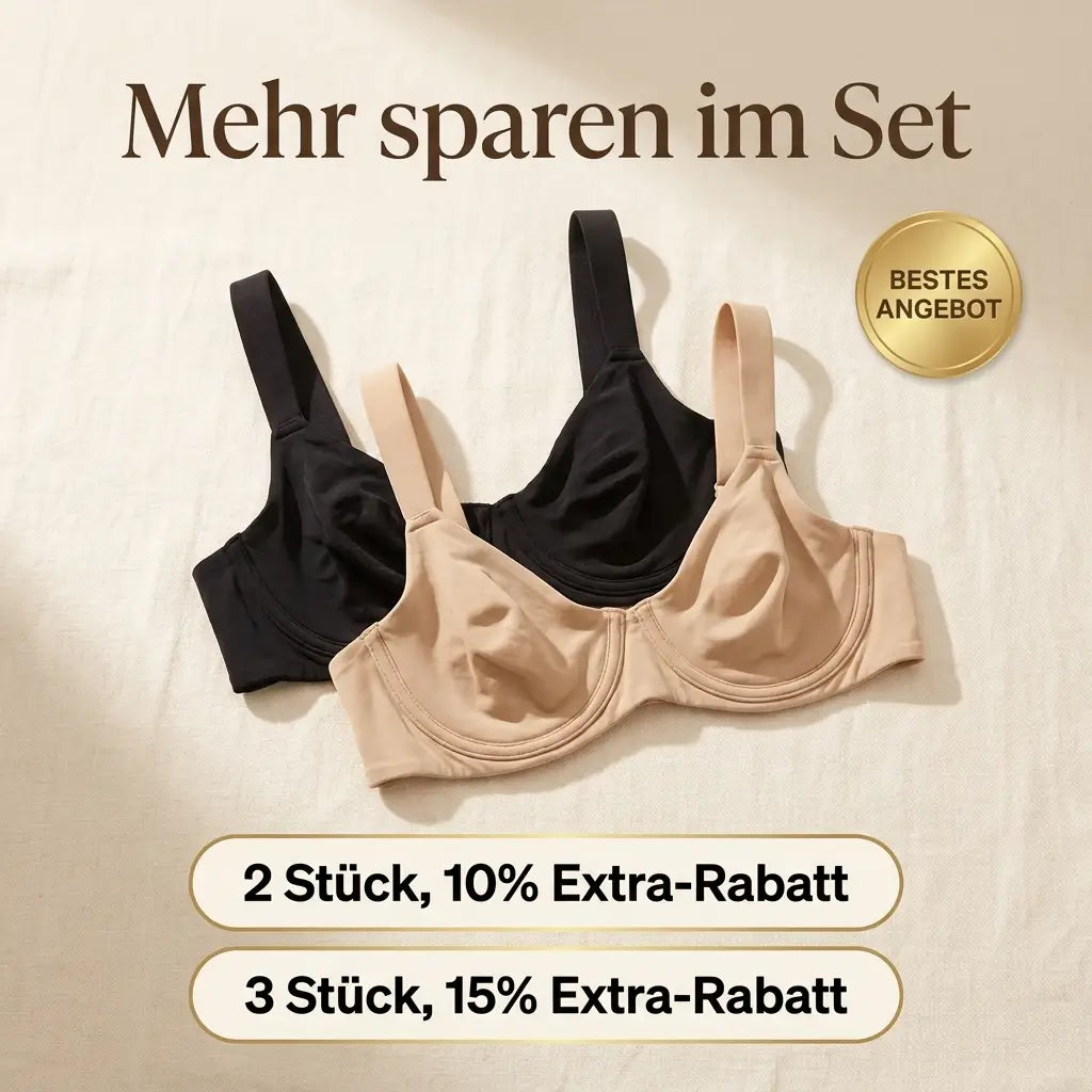 Black and beige balconette bras laid flat together on cream fabric, with a gold badge and multi-buy discount labels. 16