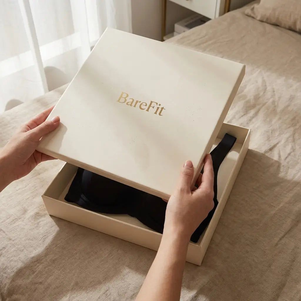 Hands lifting the lid of a cream gift box on a linen bed to reveal a black bra folded inside. 14