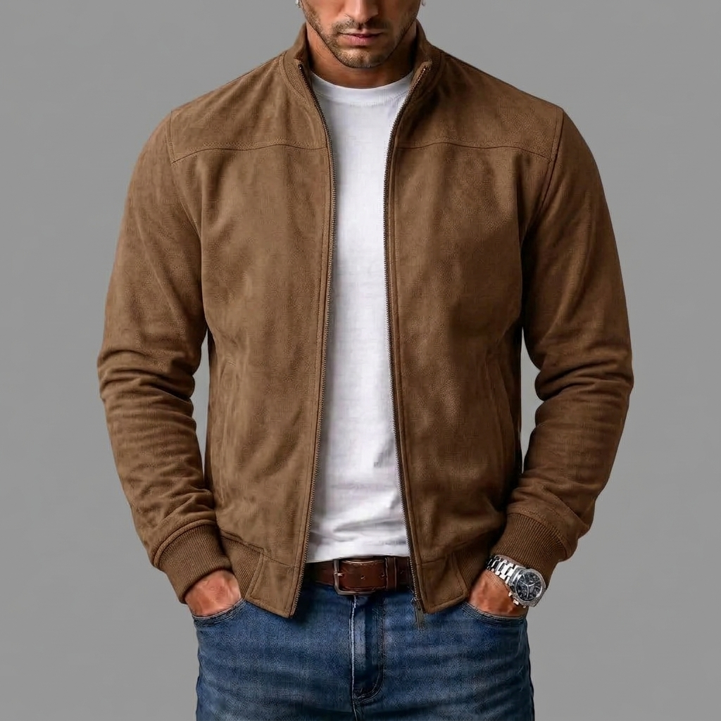 Tan brown suede bomber jacket worn open by a model with hands in jeans pockets and a white t-shirt. 5