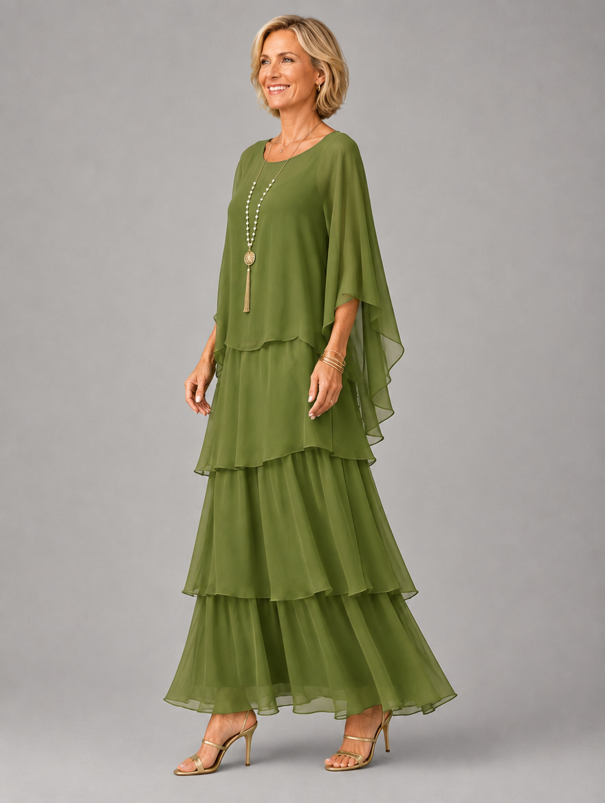 Side view of the olive green tiered chiffon maxi dress on a model, showing the draped cape sleeve and layered skirt. 13