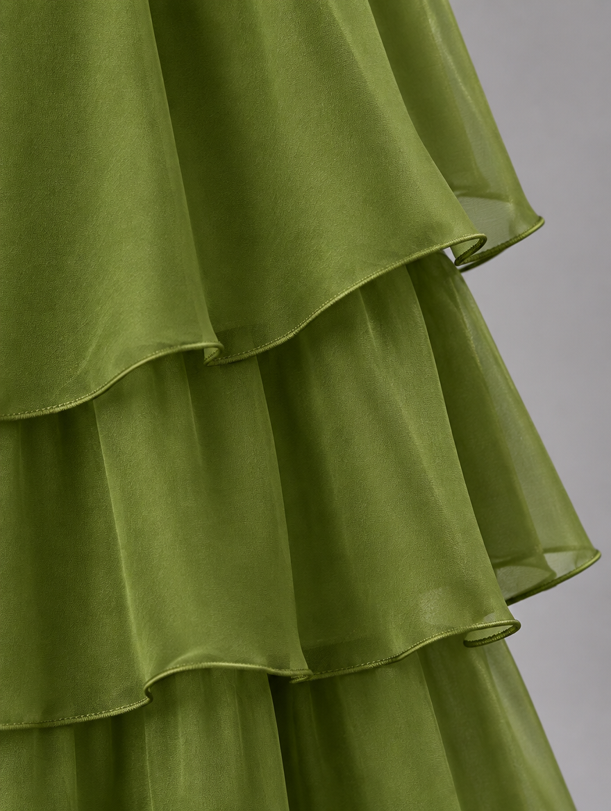 Close-up of the olive green chiffon skirt tiers, showing the sheer layers and fine rolled edges. 14