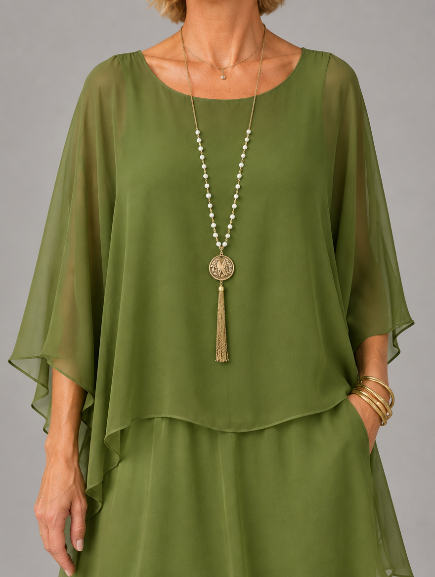 Close-up of the olive green dress bodice with scoop neckline, sheer cape sleeves and a long pearl and tassel pendant necklace. 15