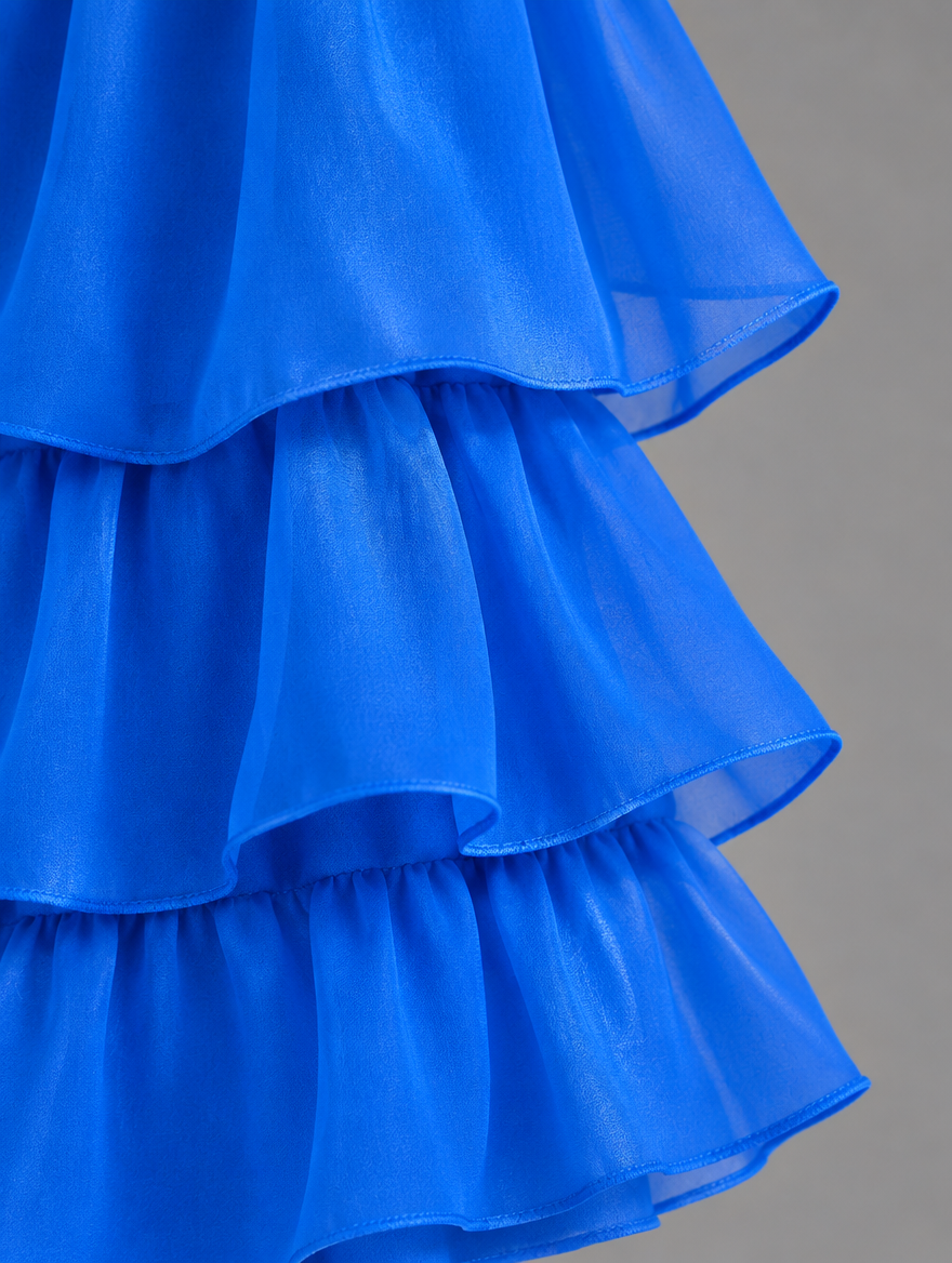 Close-up of the layered royal blue organza ruffles with neatly finished edges. 26