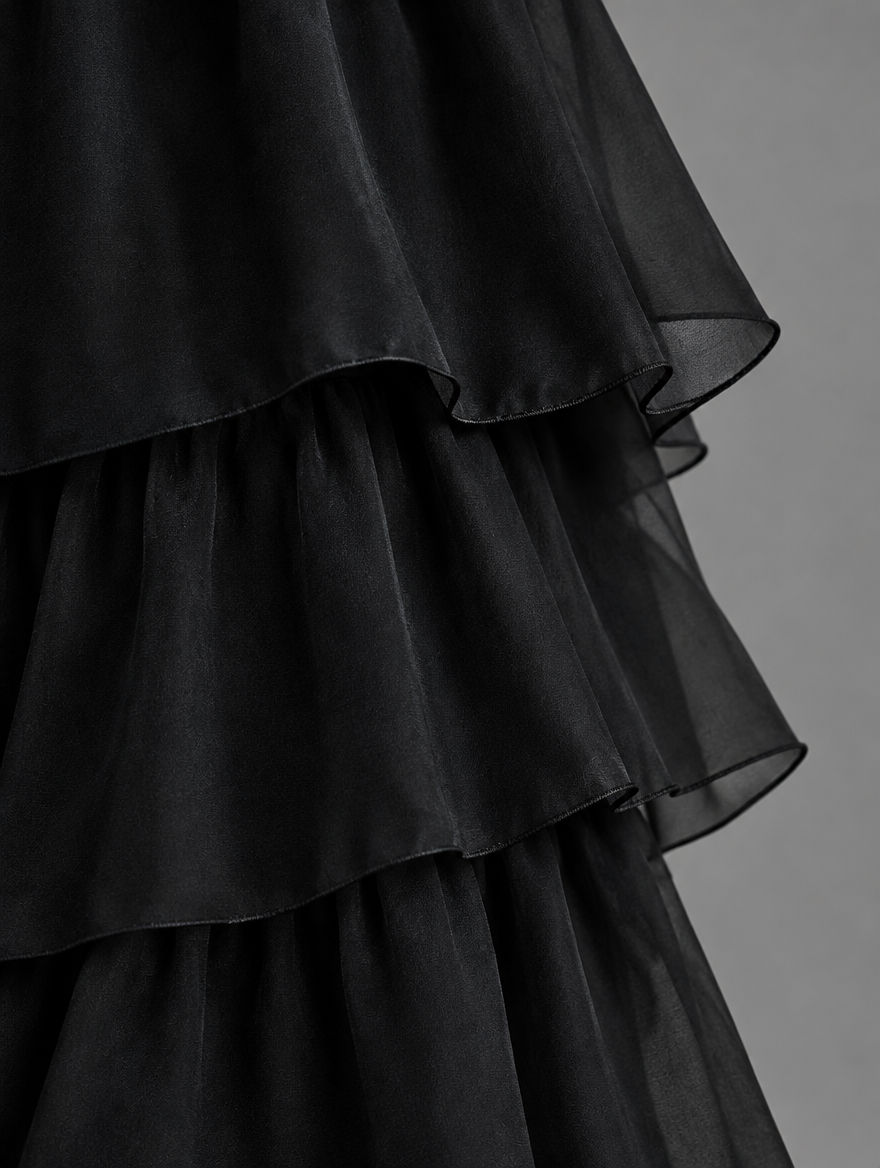 Close-up of the black chiffon skirt tiers, showing the layered ruffles and fine finished edges. 17