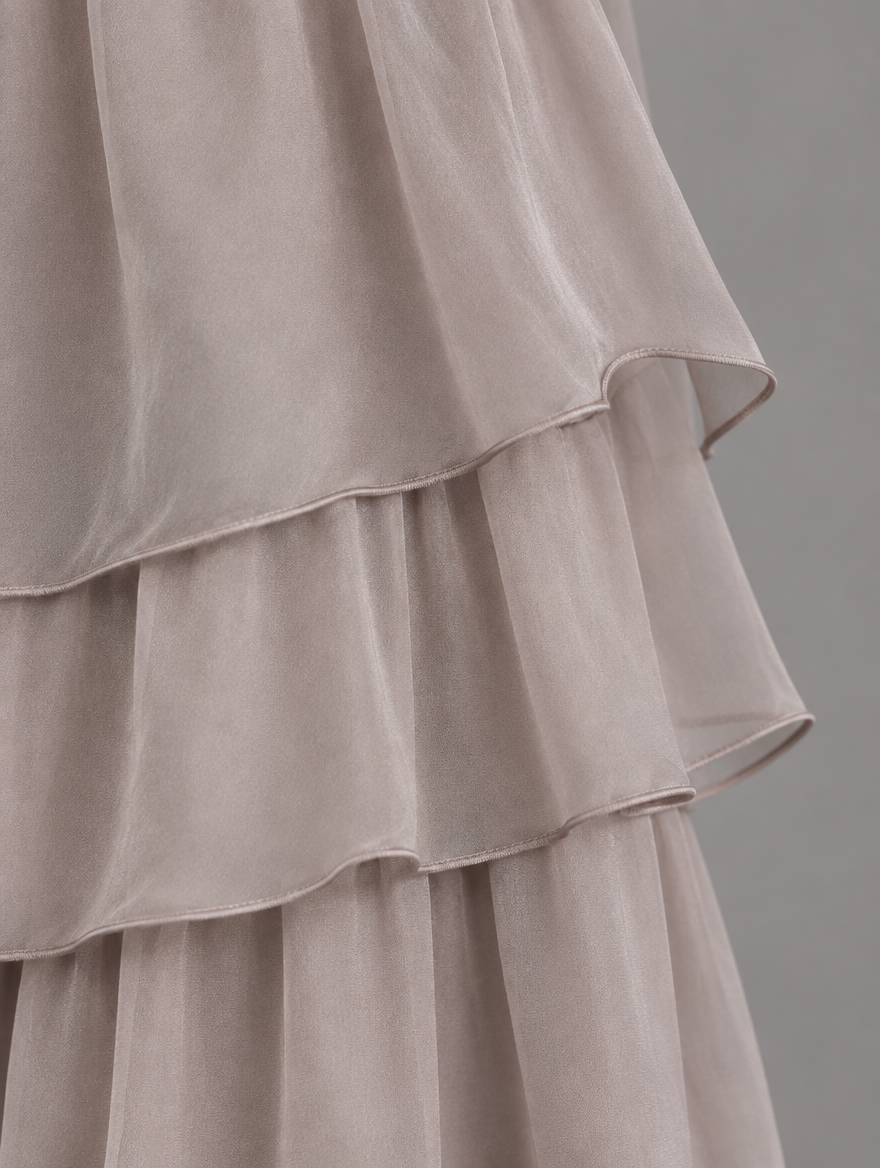 Close-up of the taupe chiffon skirt tiers, showing the soft sheer layers and delicate rolled hems. 20