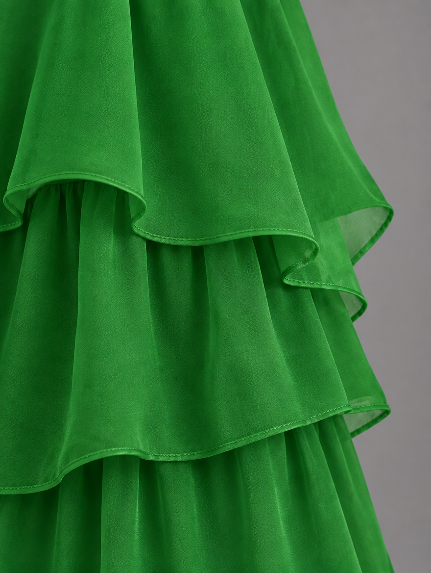 Close-up of the layered green organza ruffles, showing the stitched hems and gathered tiers. 32
