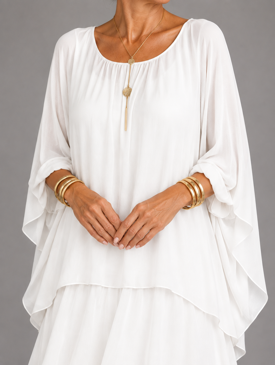 Upper body detail in white, showing the gathered round neckline, soft sleeves and a gold pendant necklace. 30